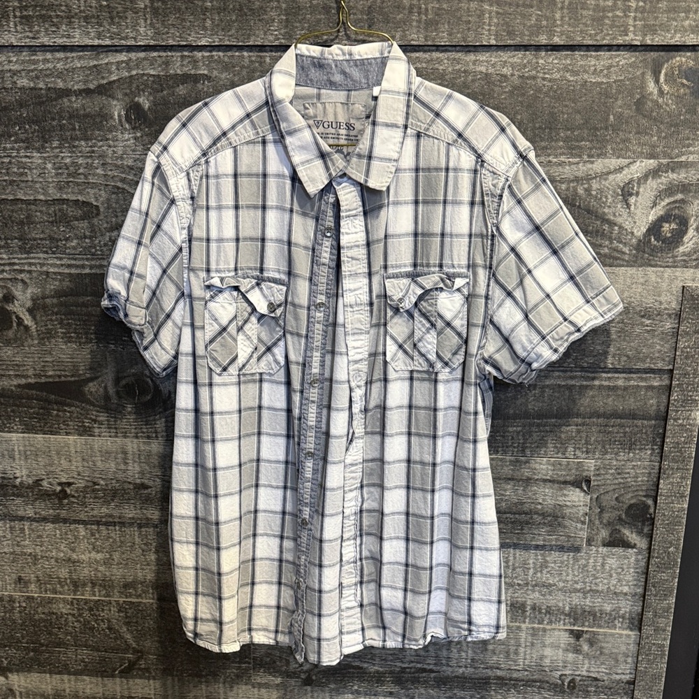 Guess Men's White and Blue Checkered Shirt